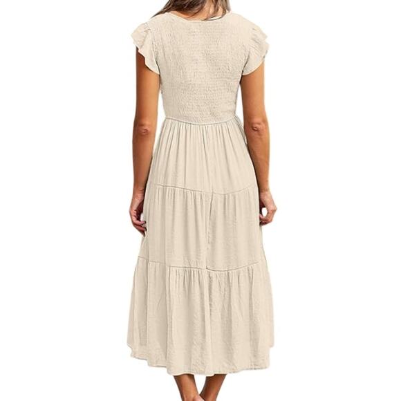 #6NWT Merokeety Light Beige Midi Dress Smocked Top Flutter Sleeves Size XL - Picture 2 of 3